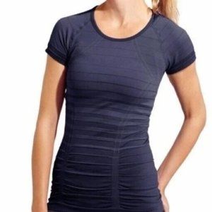 Athleta Women's Fastest Track Navy Blue Striped Ruched Athletic Tee Shirt
